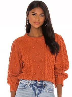 For Love And Lemons Rust Cable-Knit Pom-Pom Crewneck Sweater